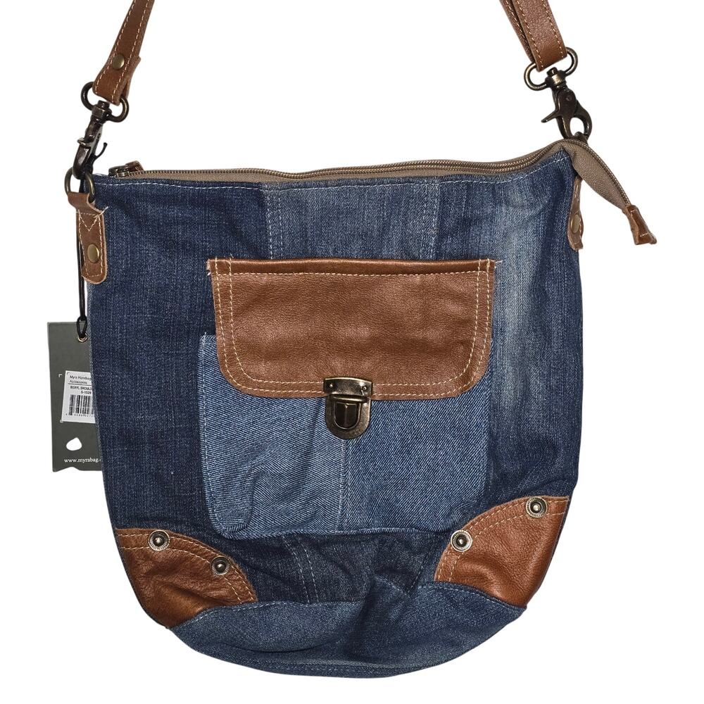 NWT Myra Bag Patchwork Denim Shoulder Bag Retro 70s Hippie Boho Beryl Upcycled - Picture 1 of 10